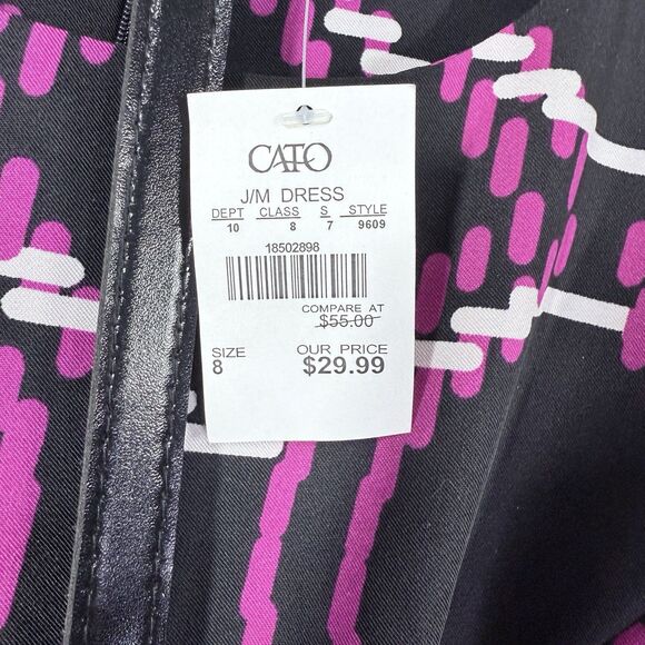 Cato Dress Womens Sz 8 Black Pink White Pockets Sleeveless Abstract Print Belt - Picture 4 of 16